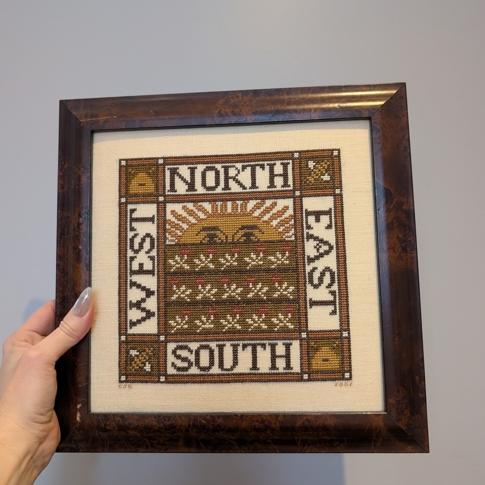 Vintage Sun Themed Framed North East South West Cross-Stitch Art